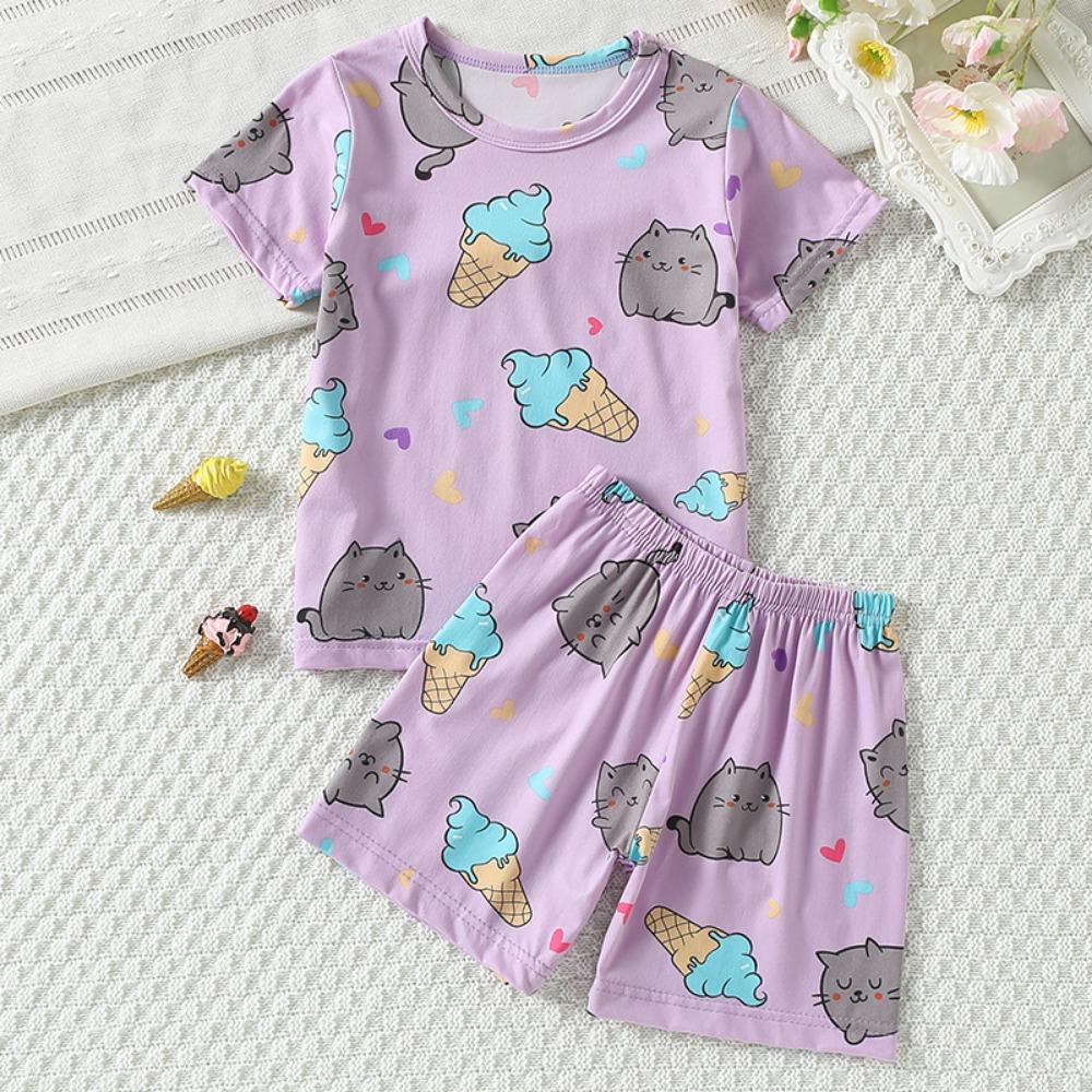 2-piece Summer Children's Cute Printed Short Sleeved Shorts Set for Boys and Girls, Casual Sports Round Neck T-shirt, Home Pants