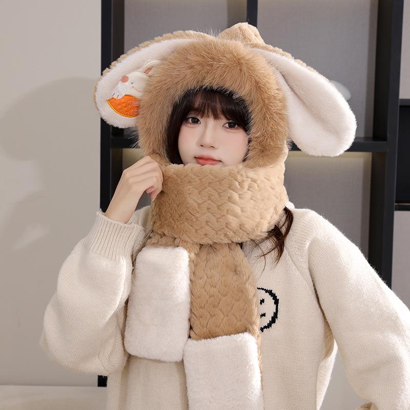 Women's Cozy Fox Ear Plush Hat with Integrated Scarf - Warm, Soft Lei Feng Design for Autumn and Winter. Perfect Ear Protection for Students.