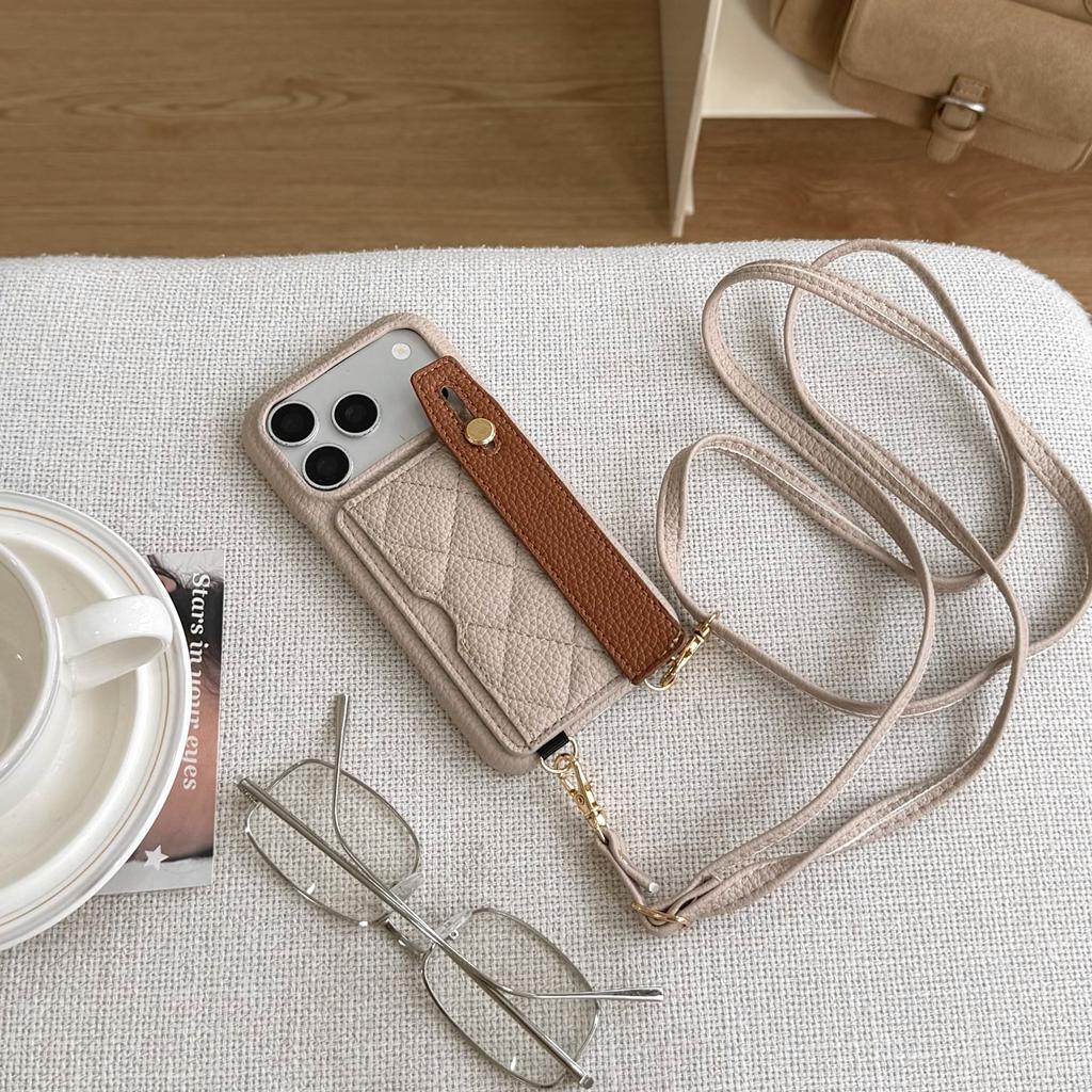 Crossbody Long Lanyard Quilted Leather Wristletband Cards Solt Phone Case for iPhone 17 Pro Max 16 15 14 13 12 Shockproof Cover