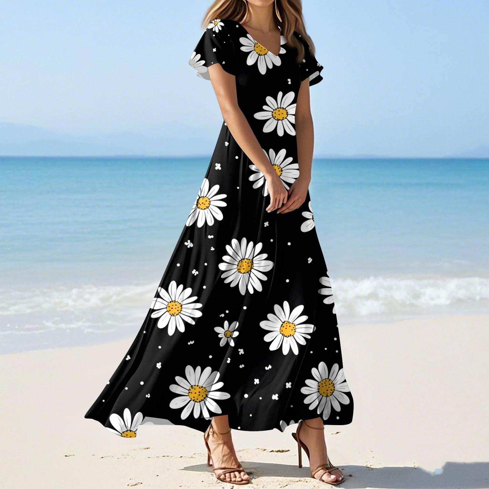 

Женские летние повседневные модные платья с принтом и короткими рукавами и V-образным вырезом S чёрный