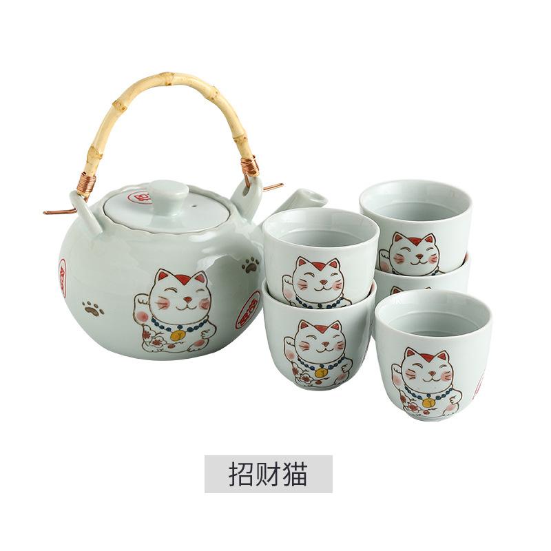 Japanese ceramic hand-painted teapot with handle, tea pot with underglaze color, ceramic tea set with pufferfish pattern