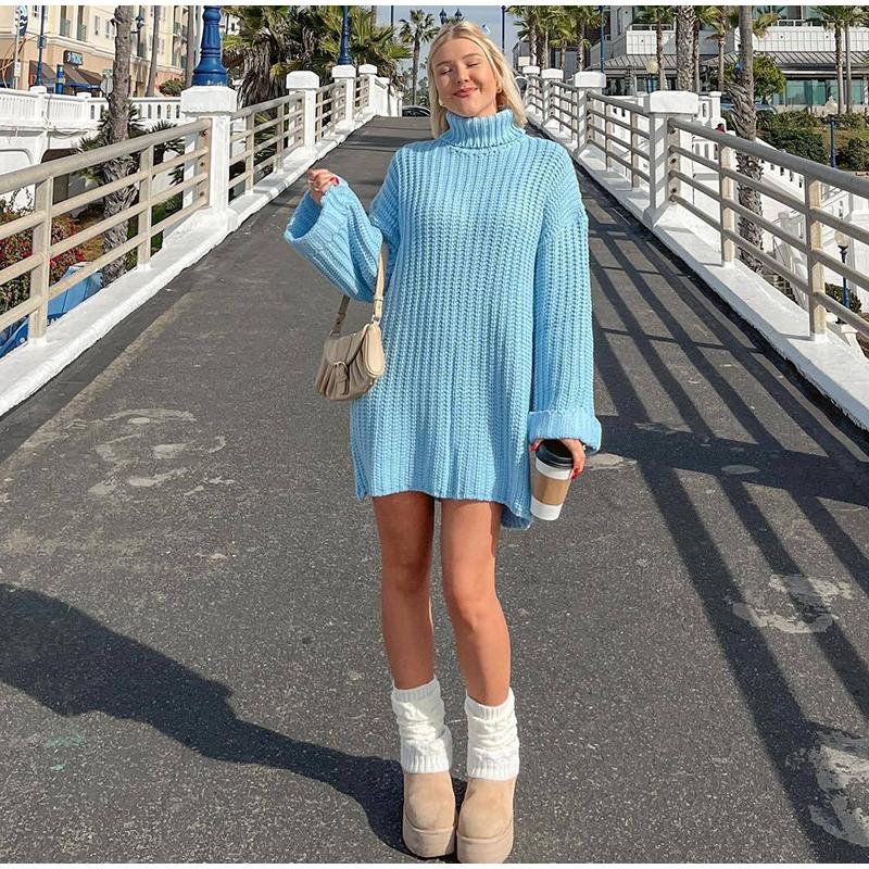 Casual Knitted Pullover Dress Women Turtleneck Long Sleeve Ribbed Female Sweater Autumn Winter Fashion Lady Warm Outwears
