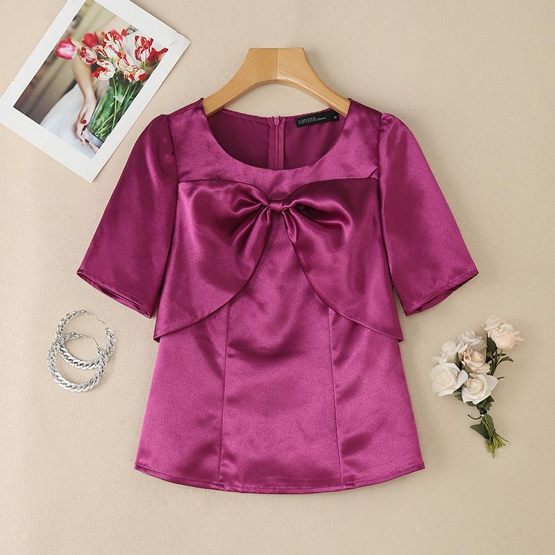 

ZANZEA Женская повседневная блузка с круглым вырезом, бантиками, пэчворком, летняя, с коротким рукавом, из сатина 4XL