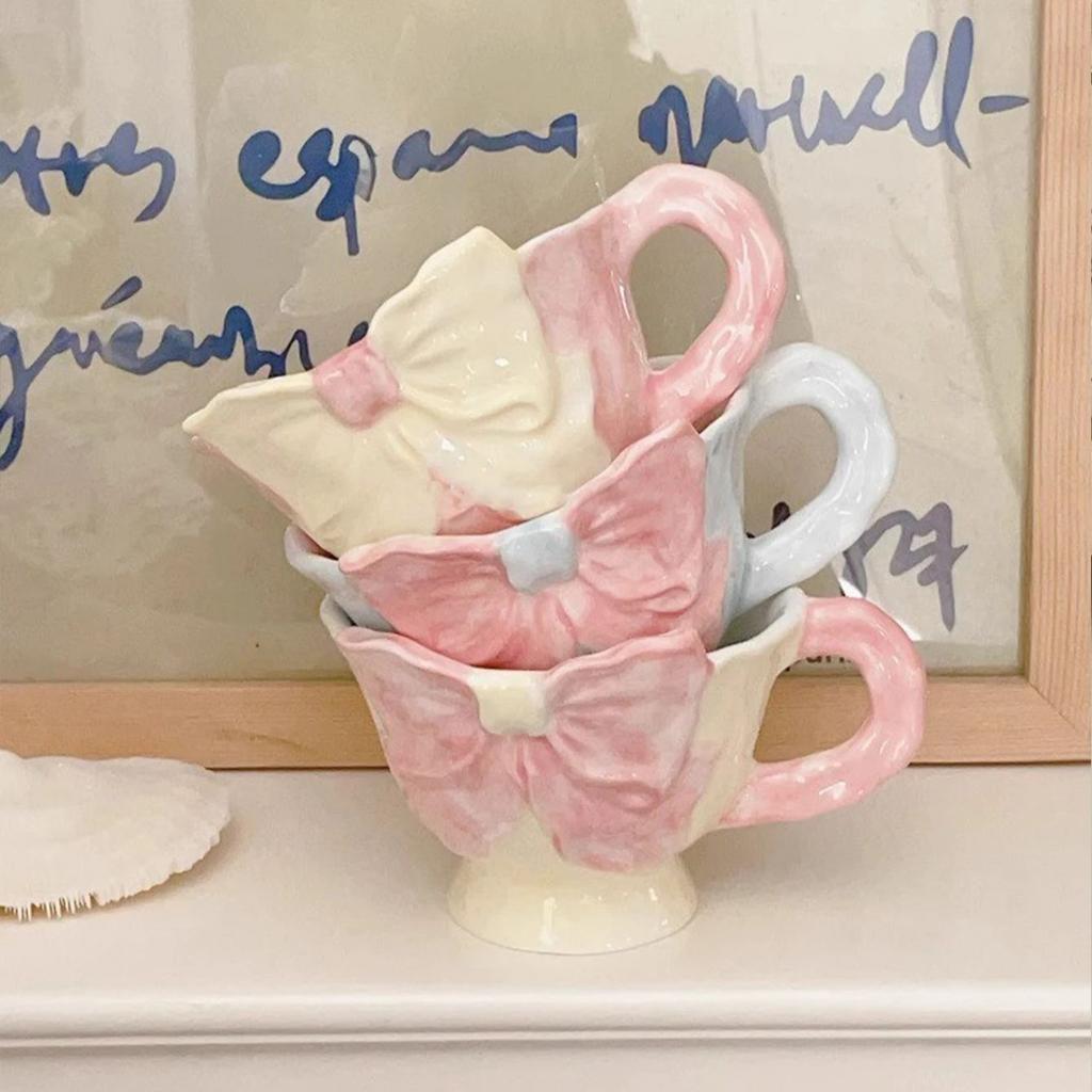 1 Stück 180ml Handbemalte Keramik-Kaffeetasse mit Schleife, Handgepresste Tasse mit flachem Henkel, Geeignet für Café Latte Handgemahlenen Kaffeebecher