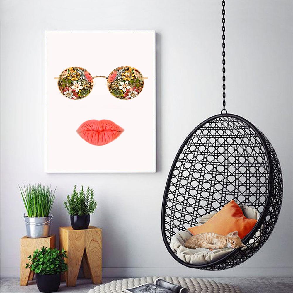 Hippie Sunglasses Wall Art Bohemian Red Lip Poster Boho Shabby Chic Teen Fashion Home Colorful Sexy Kiss For Girls Room Decor No Frame