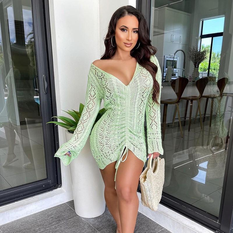 

Весенне-осеннее женское темпераментное платье с глубоким V-образным вырезом и цветочным узором, длинными рукавами, трикотажное платье с укороченными бедрами 3XL зелёный