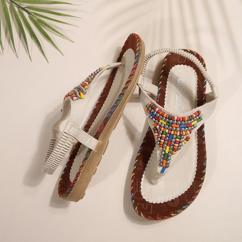 Women's sandals spring and summer new flat-bottomed beaded toe sandals women's flat-heeled beach women's shoes