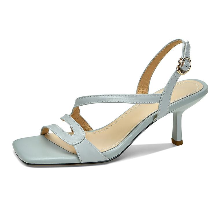 

Fashion New Summer Sandals Genuine Leather Sandals Casual French Square Toe High Heels Sandals for Women Cowhide Sandal Zapatos De Mujer 39 синий