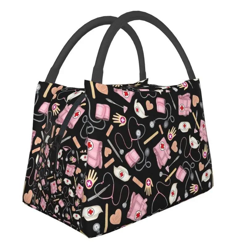 Pink Nurse Life Insulated Lunch Tote Bag for Women Nursing Print Portable Thermal Cooler Bento Box Work Travel Food Bags