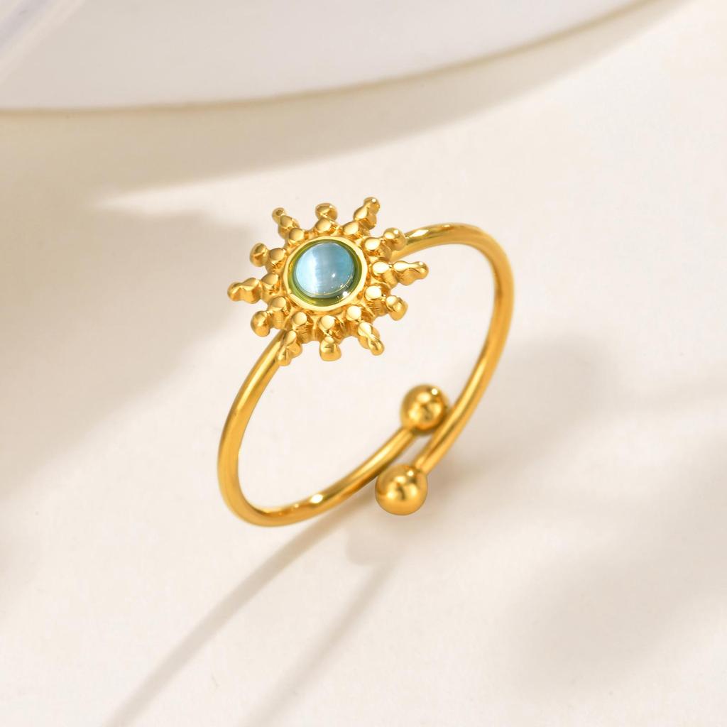 Waterproof Sun Shaped Nature Opal Stone Ring for Women, Stainless Steel Gold Plated Adjustable Finger Ring, Vintage Chic Jewelry