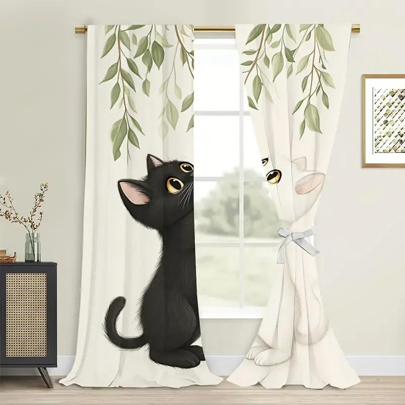 Set Of 2 Cat Print Curtains Pole Bag Bedroom Living Room Home Decoration Elegant Made Polyester Great Window Treatment