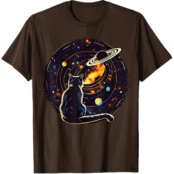 Cat Dad, Lover T-Shirt: Cat Staring at Planet Saturn