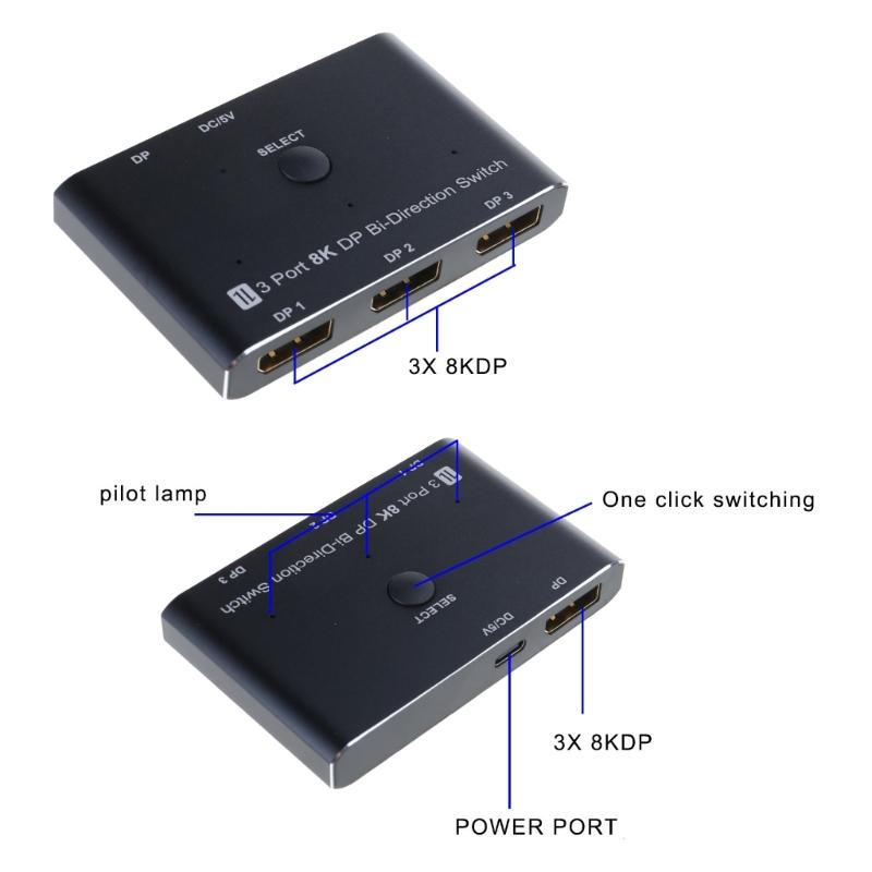 8K30hx  Switcher Bi Directional 3 Port DP1.4 To Multiple Screens Adapter Video Splitter