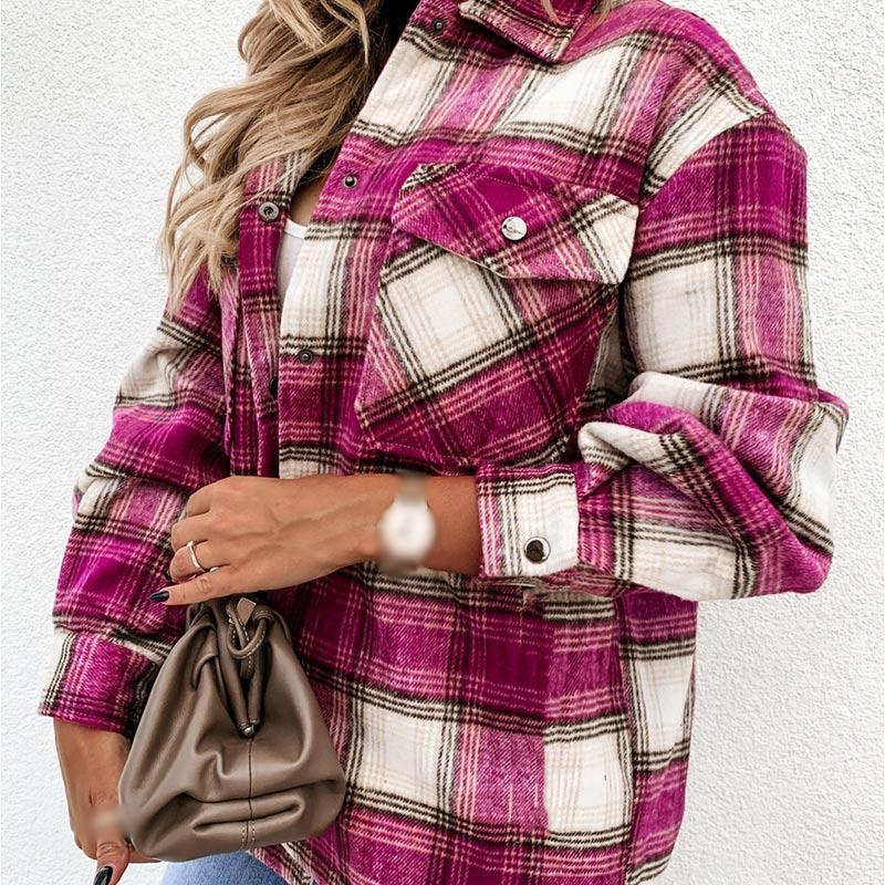 Plaid Women Shirt Autumn Loose Long Sleeve Single Breasted Pocket Female Retro Casual Lady Chemise