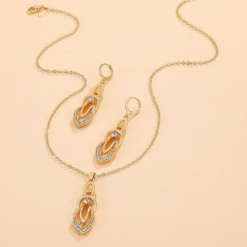 2PCS Vintage Geometric Shiny Zircon Jewelry Set Exquisite Pendant Necklace Hoop Earrings For Woman Trendy Style