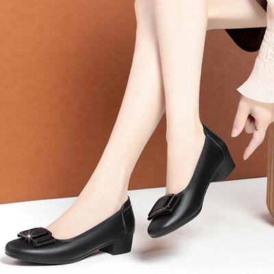 Fashion Spring New Women Fashion Square Heel Pumps For Party Lady Black Pu Soft Leather Office Shoes Comfortable Ballets Metal Buckle