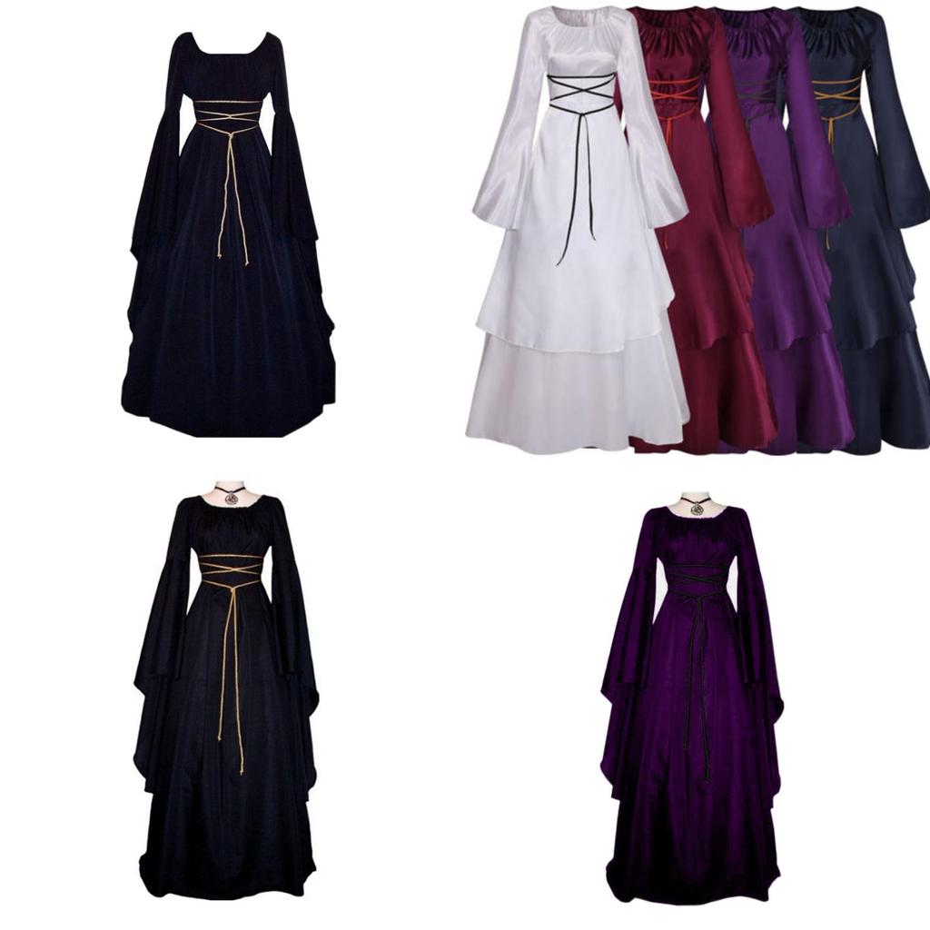 Squisito abito medievale vintage da donna con splendide maniche lunghe a campana e design irregolare