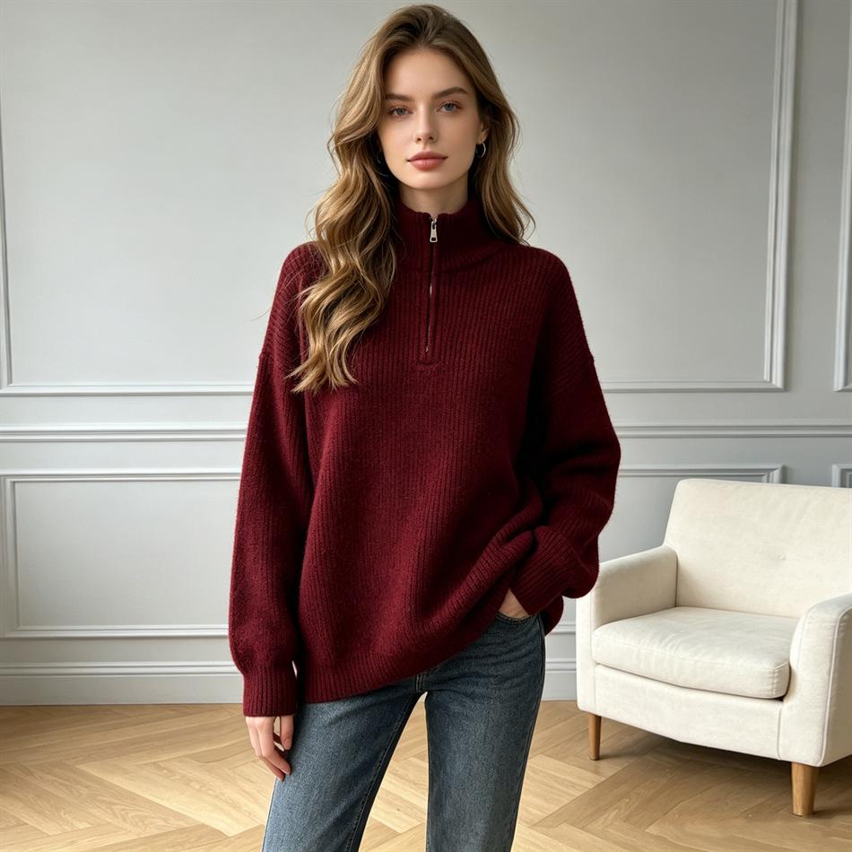 Solid color half-zipper lapel sweater women's soft waxy autumn and winter new loose and lazy outer wear pullover knitted top