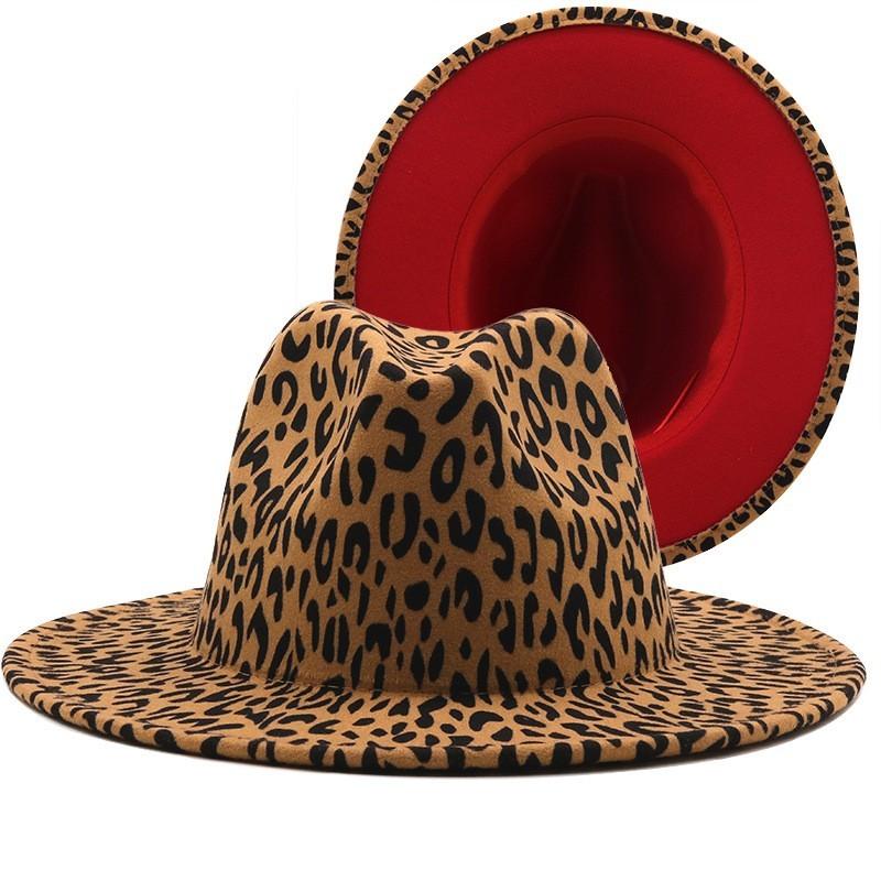 New Leopard Patchwork Wool Felt Jazz Fedora Hat Women Unisex Wide Brim Panama Party Trilby Cowboy Cap Men Gentleman Wedding Hat
