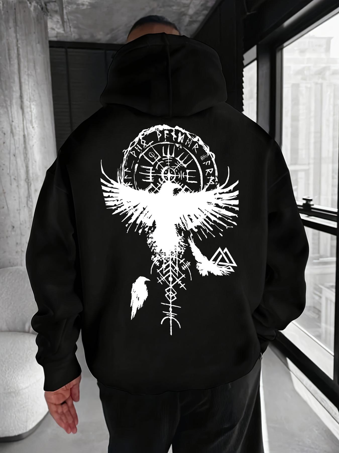 Nordischer Wikinger Mythos Herren Hip Hop Kapuzenpullover, Rabe Rune Kompass Magisches Totem Tuschemalerei Rückendruck, Locker Street Athletisch Lässig Oberteil XL schwarz