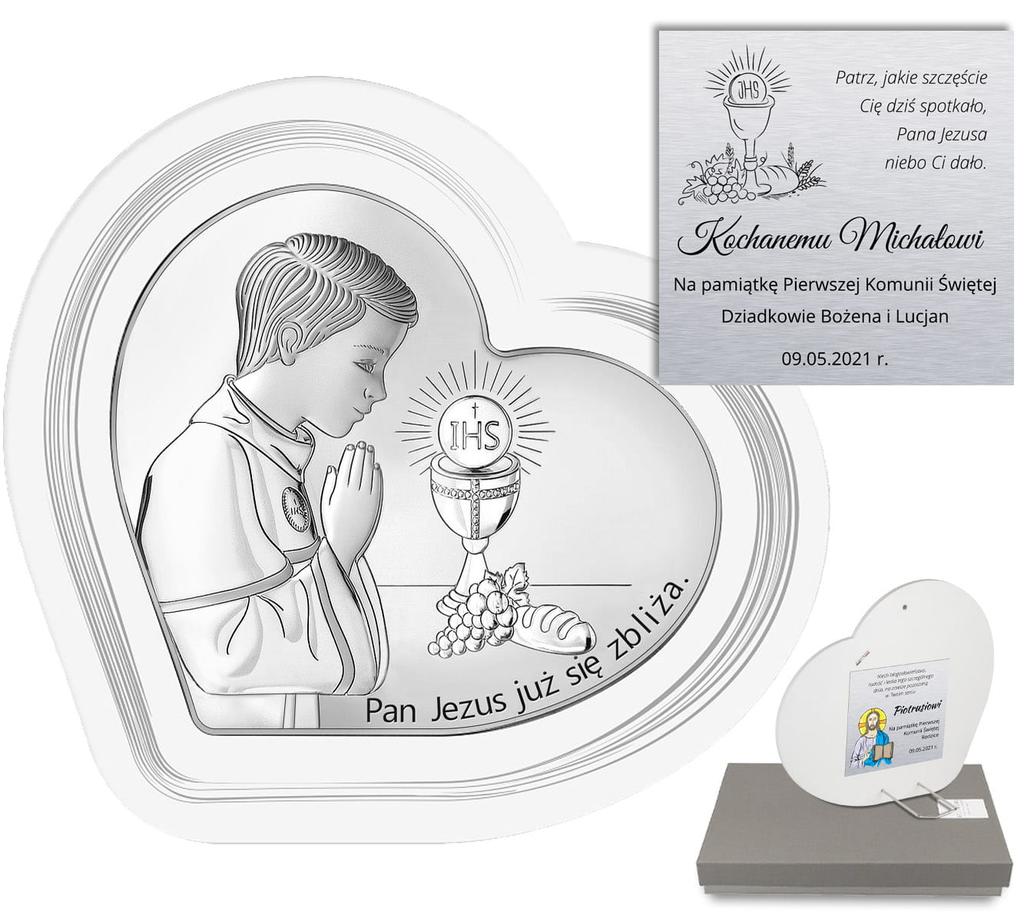 Srebrny obrazek z chłopcem "Pan Jezus już się zbliża" biała ramka+ grawer 6750SW-O 11,4 x 10,6 cm