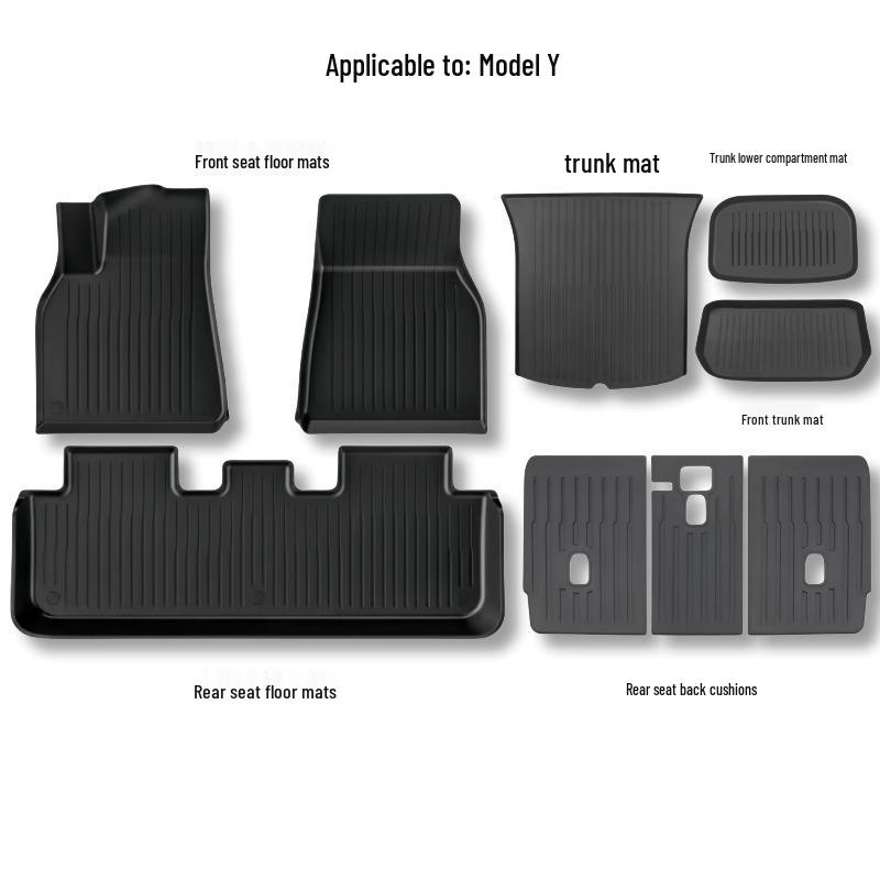 Tesla Model Y TPE Floor and Trunk Mats: Front, Rear, and Accessories for Car Interiors.