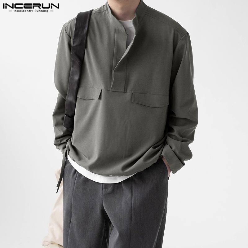 INCERUN Men Stand Neck Long Sleeve Solid Color Casual Loose Shirts Tops