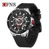 OFNS Men's Multifunctional Waterproof Quartz Watch with Calendar and Six-Hand Chronograph, Silicone Strap.