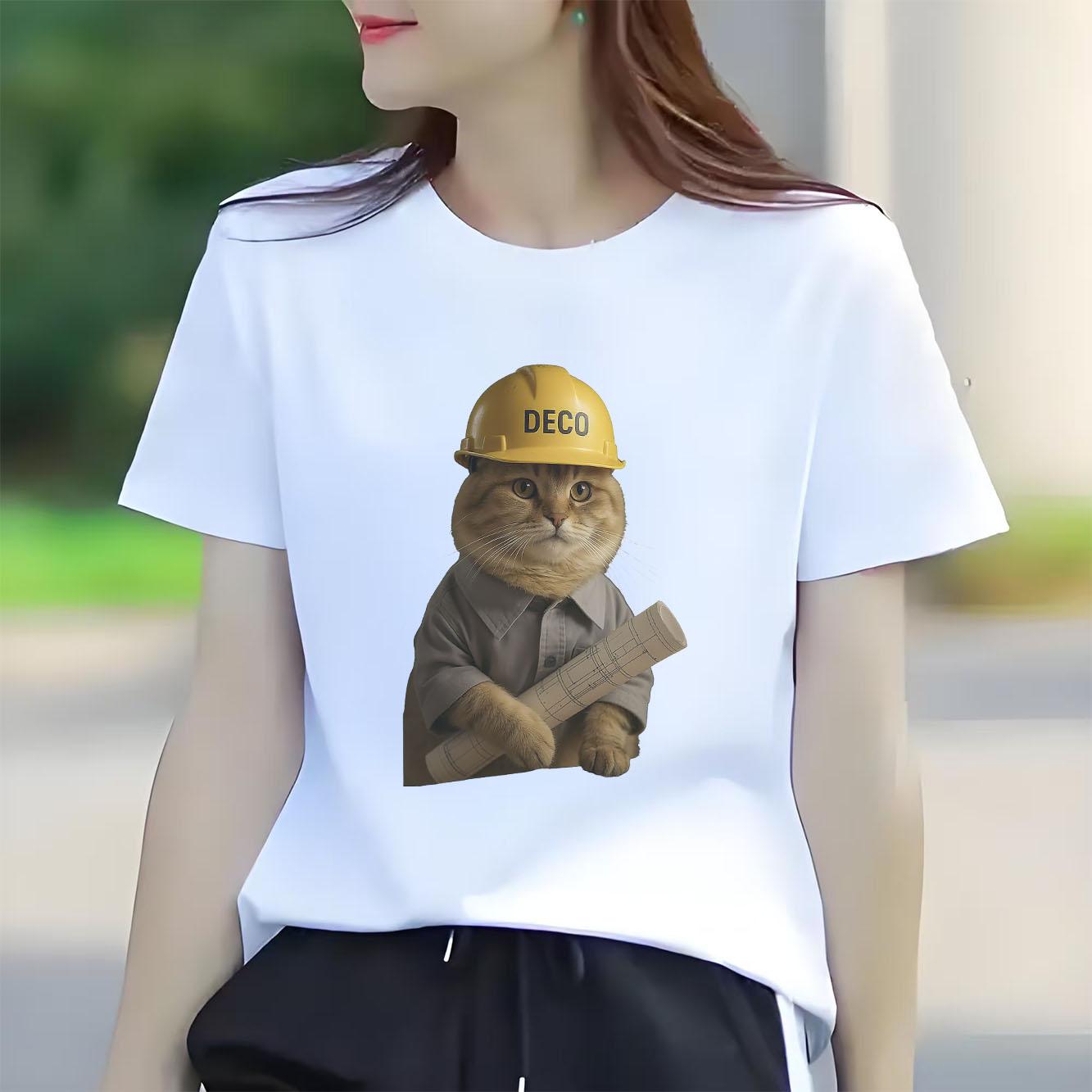 

Engineer Cat Cartoon Printed Short Sleeve Round Neck Womens Tshirt for Spring and Summer Versatile Womens Tshirt S