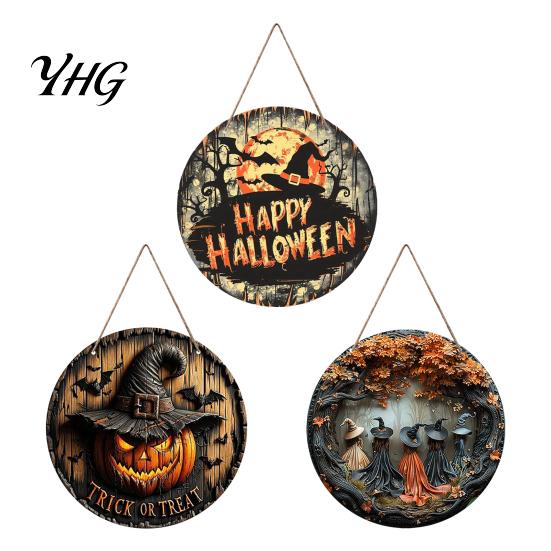 Halloween Party Home Ornament Witch Hanging Sign, 8" Round Wooden Door Autumn Forest Festive Decoration Witches Rustic Holiday Sign for Front