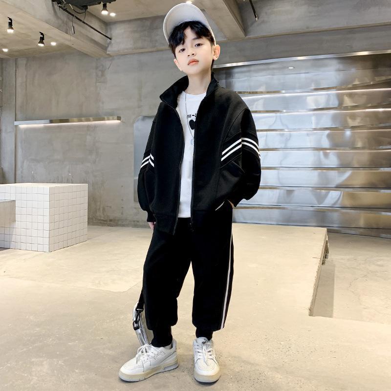 

Весенне-осенняя одежда для мальчиков-подростков, костюмы, детское модное пальто на молнии + брюки, комплект из 2 предметов, детский спортивный костюм для 4, 6, 8, 10, 12 лет 110 чёрный