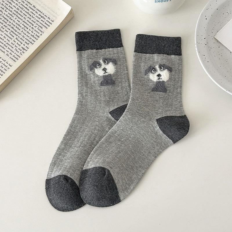 Female Spring and Autumn All Pitch Yarn Flocking Cartoon Cute Animal College Wind Tube Cotton Socks