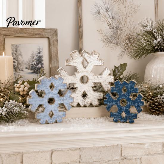 Winter Farmhouse Shelf Ornaments 3 Pcs Snowflake Wooden Signs, Rustic Table Decoration, Hollowed Out Crafts Block Sign for Christmas Tiered
