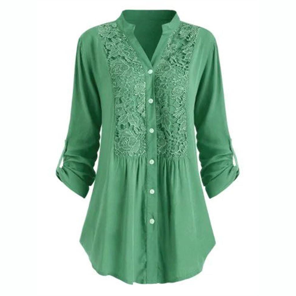 Women Ladies Large Size Button Lace V Neck Long Sleeve Shirt Blous