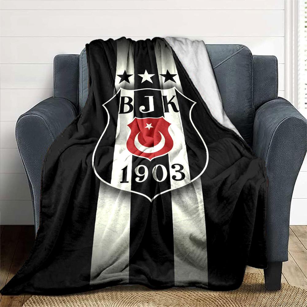 Black White Vertical Stripe Football Club Badge Print Flannel Throw Blanket, Soft Warm Cozy Bed Sofa Cover for Home Decor