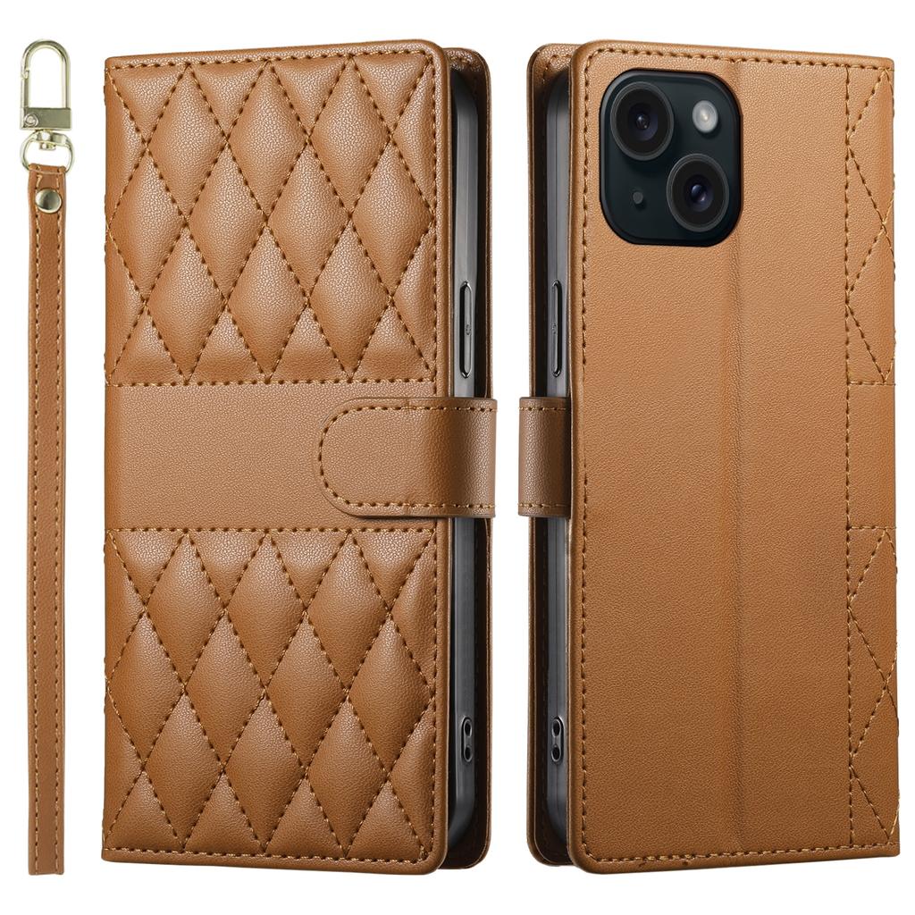 For iPhone 15 Case Rhombus Stitching Wallet Stand Leather Phone Cover with Long/Short Strap