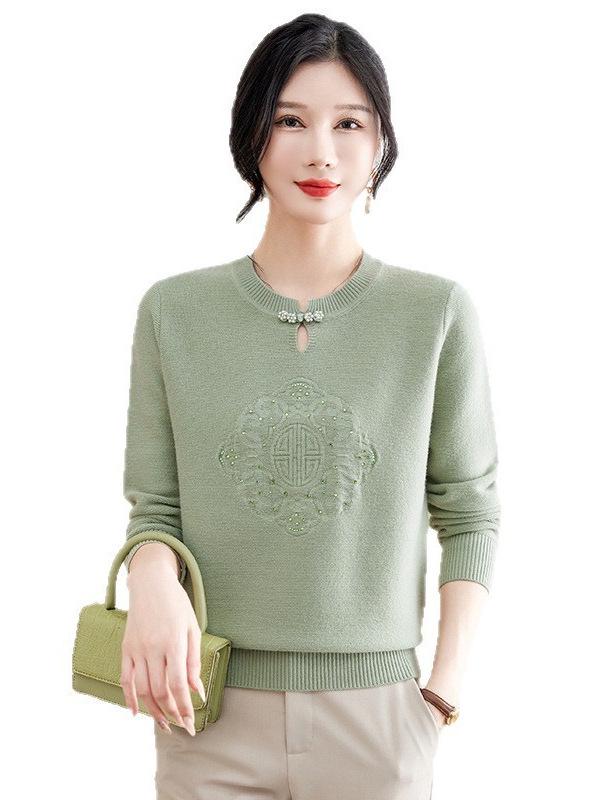 Chic Autumn Knit Sweater for Middle-Aged Women - Round Neck, Long Sleeve, Lightweight Base Layer