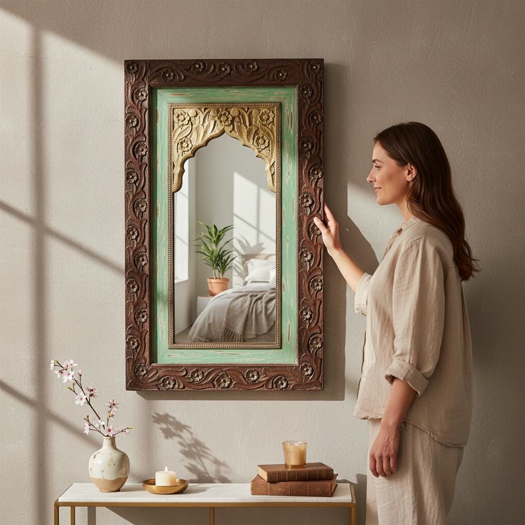 Specchio Scolpito Artigianato in Legno, Specchio Decorativo da Parete Bello per Camera da Letto, Decorazioni per Stanze Specchio Jharokha-Specchio-Ottone Specchio per Soggiorno