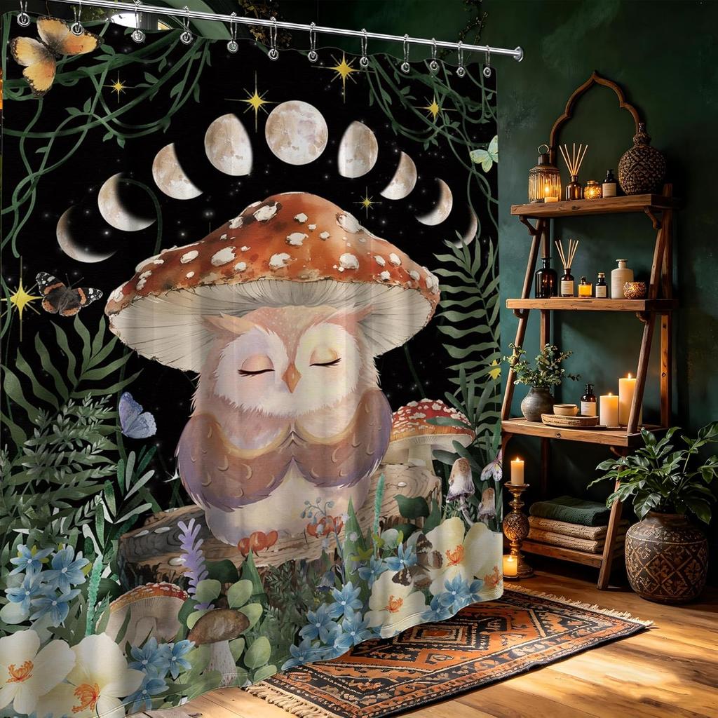 Waterproof Shower Curtain Cottagecore Mushroom Owl Woodland Forest Bohemian Bathroom Decor Liner