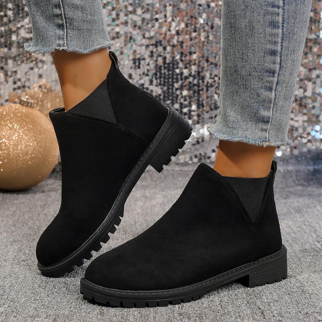 Fashion Women's Casual Fashion Round Toe Chunky Heel Suede Ankle Boots With V-cut, 7cm Heels For Work And Anti-slip Outfits 2025