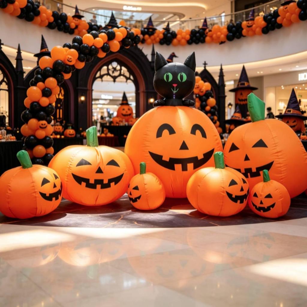 Cat and Pumpkin Lighted Inflatable with Pumpkins Halloween Decoration for Lawn,