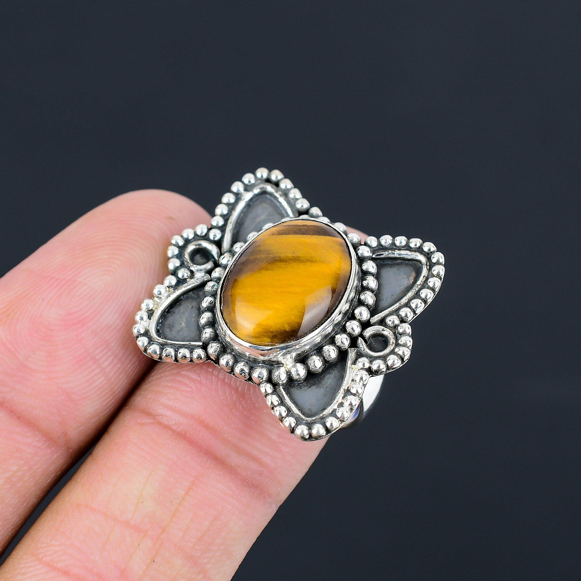 Natural Tiger Eye Statement Sacral Chakra Ring Jewelry Sterling Silver US 8.5 8.5