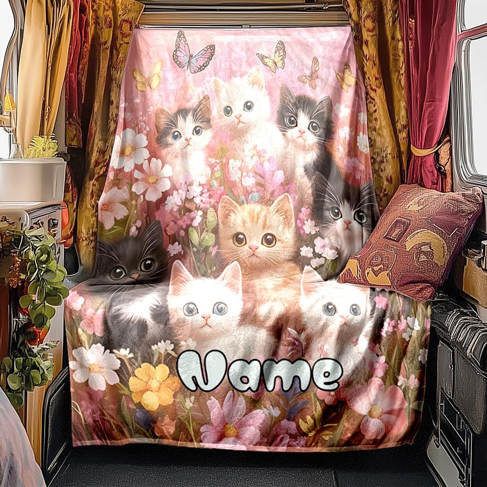 Cute Kittens Among Flowers And Butterflies Blanketcustomizable With Your Namecomfortable And Stylish Perfect For Travel Beds Chairs Offices Sofas