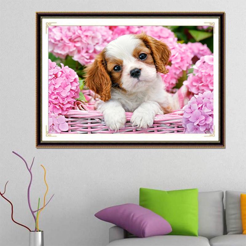 Home Decoration DIY 5D Diamond Embroidery "Cute Dog In Flower Basket" Full Diamond Cross Stitch