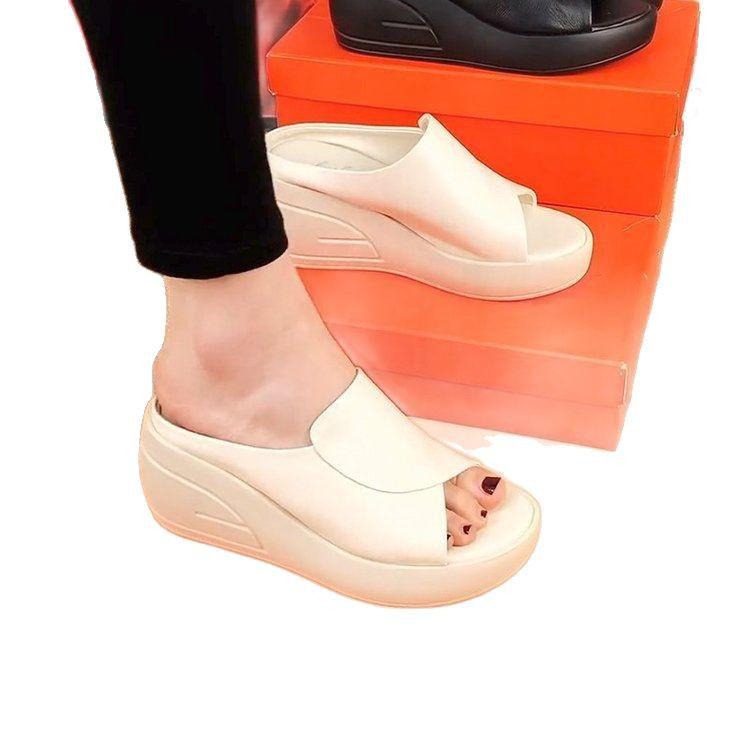 Thick-soled high-heeled cool slippers women's summer 2025 new muffin soft bottom heightened fish mouth mother cool slippers soft bottom