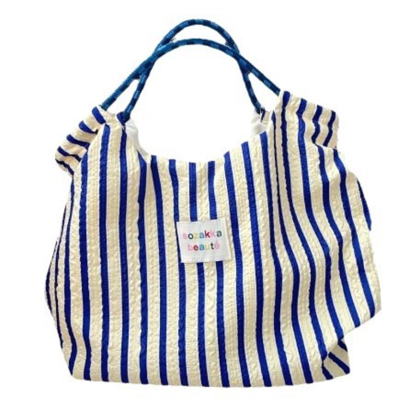 Japanese and Korean, Striped, Hand-held Tote Canvas Bag, Women, Summer, Large Capacity, Commuting, Shoulder Bag, Work Tote Bag