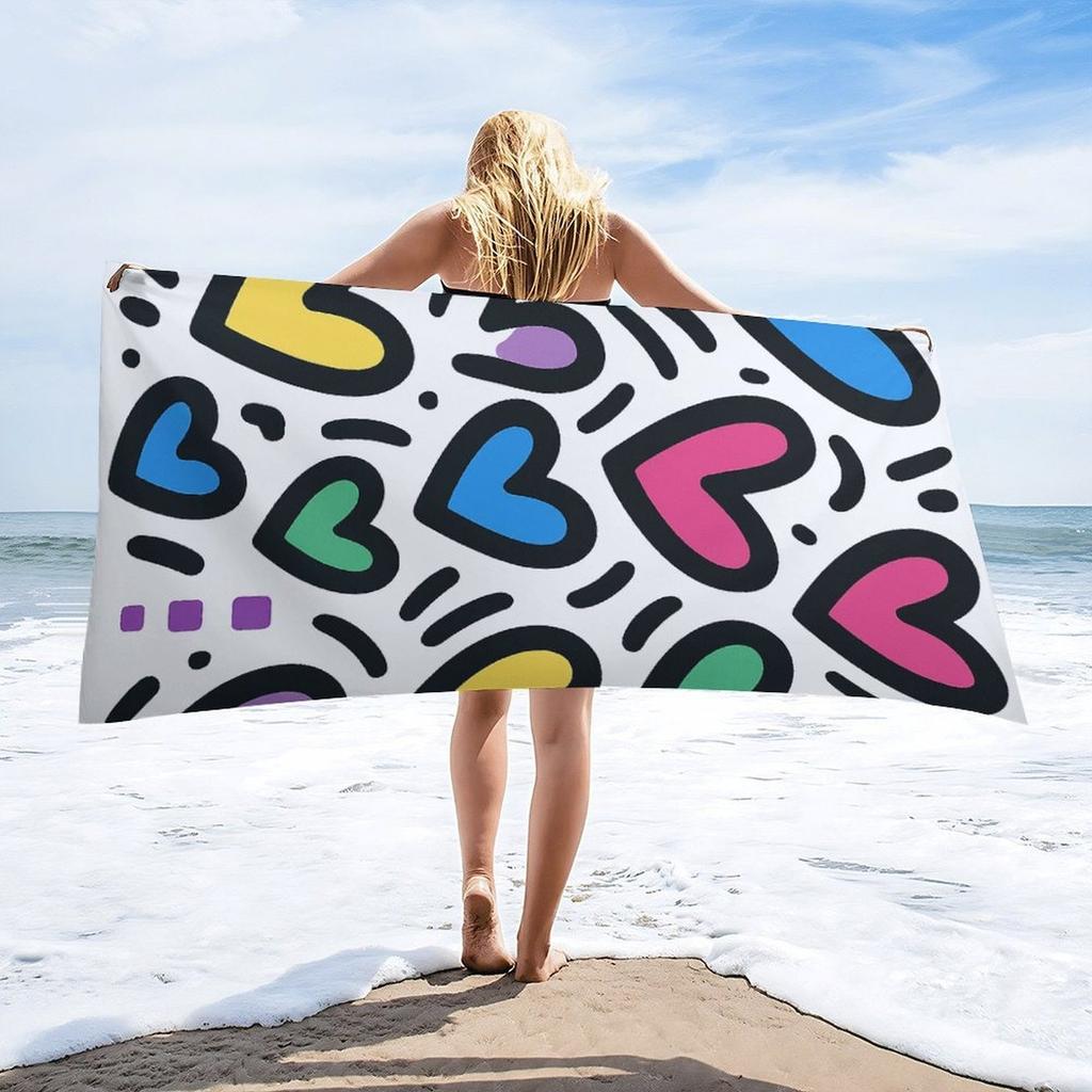 Large Quick-Dry Beach Towel - Super Absorbent Microfiber Bath & Pool Towel with Vibrant Hearts Pattern In Blue,Pink,Yellow,Green