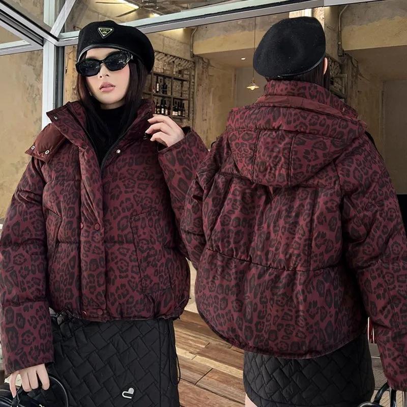 Giacca Imbottita in Cotone con Stampa Leopardata da Donna Parka Invernale Caldo Cappotto di Cotone Moda Capispalla con Cappuccio Soprabito Femminile