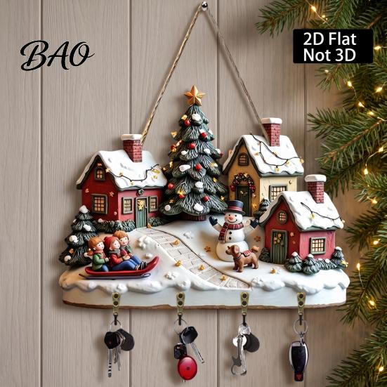 Christmas Gift for Home Winter Village Wooden Wall Hanging, Snow House Snowman Plaque, 4 Hook Lightweight Ornament Mount Key Holder, Holiday