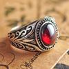 Retro Resin Red Gem Mongolian Flower Pattern Ring For Men Zinc Alloy Color Punk Gothic Adjustable Ring Unisex Zircon Accessories